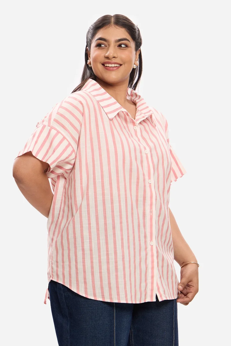 Virgio  Stripes Cotton Plus Size Shirt With Collar Detail for Women for Women | Best Price UAE