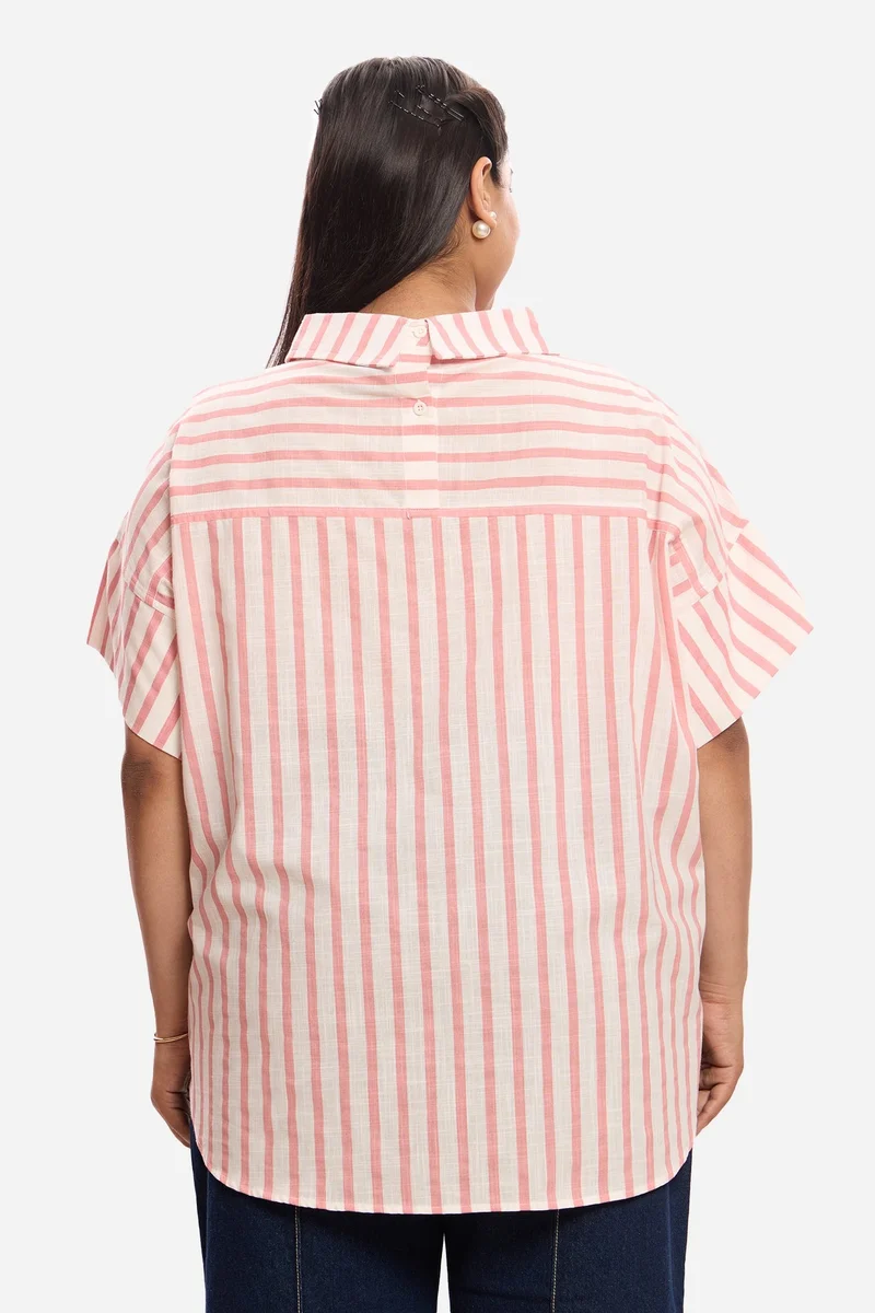 Virgio  Stripes Cotton Plus Size Shirt With Collar Detail for Women for Women | Best Price UAE