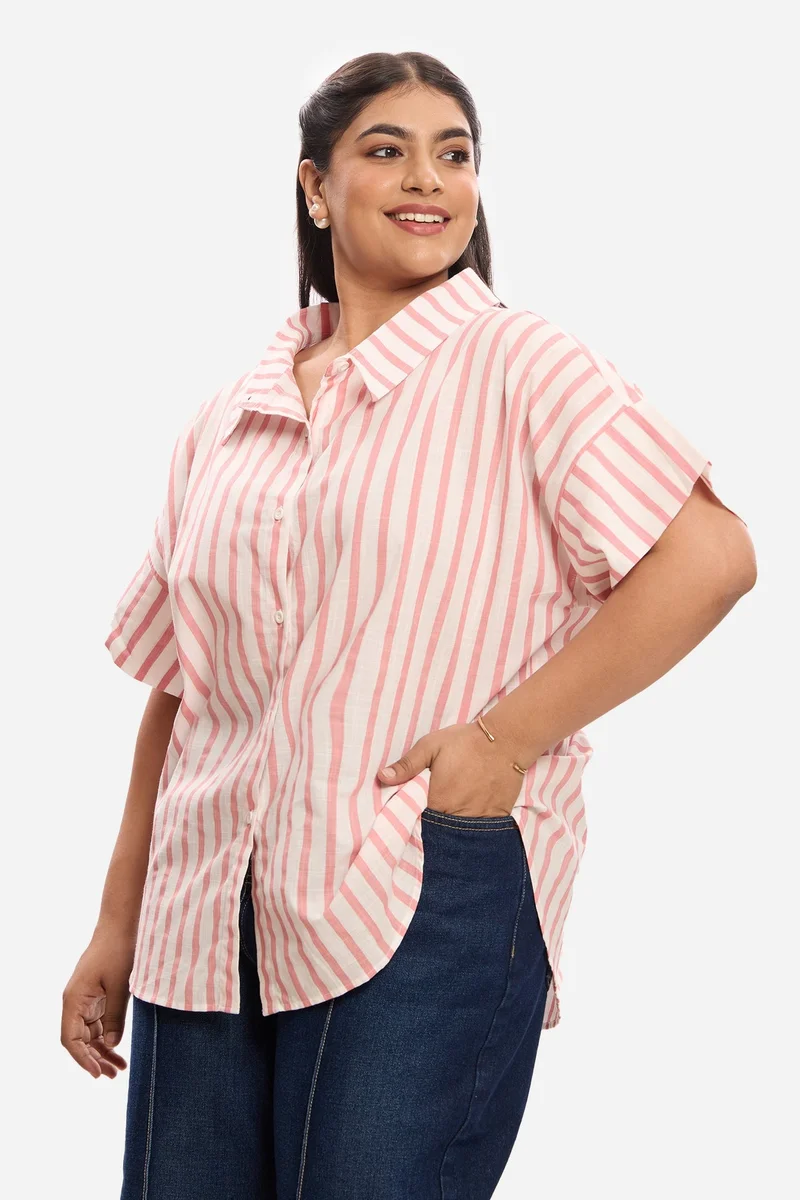 Virgio  Stripes Cotton Plus Size Shirt With Collar Detail for Women for Women | Best Price UAE