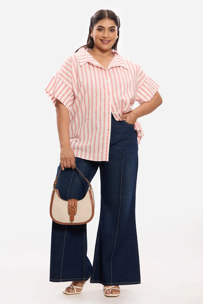 فيرجيو Stripes Cotton Plus Size Shirt With Collar Detail for Women