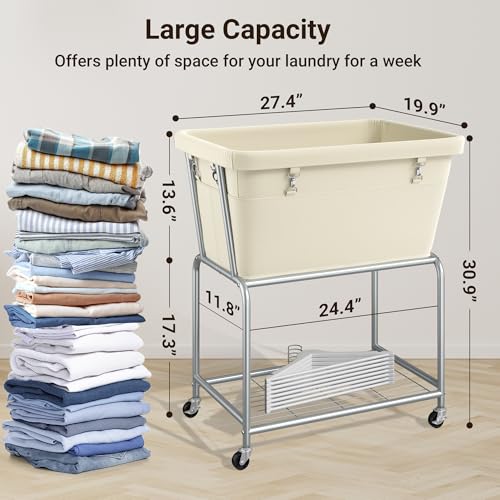 ELYKEN Laundry Cart with Wheels, Rolling Laundry Hamper with Removable Bag and Shelf, Metal Frame Laundry Basket with 4 Casters and 2 Brakes, Ideal for Bedroom, Bathroom, Laundry Room, Cream - Image 3