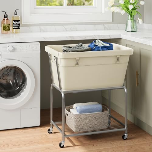 ELYKEN Laundry Cart with Wheels, Rolling Laundry Hamper with Removable Bag and Shelf, Metal Frame Laundry Basket with 4 Casters and 2 Brakes, Ideal for Bedroom, Bathroom, Laundry Room, Cream - Image 2