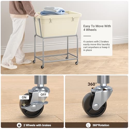 ELYKEN Laundry Cart with Wheels, Rolling Laundry Hamper with Removable Bag and Shelf, Metal Frame Laundry Basket with 4 Casters and 2 Brakes, Ideal for Bedroom, Bathroom, Laundry Room, Cream - Image 4