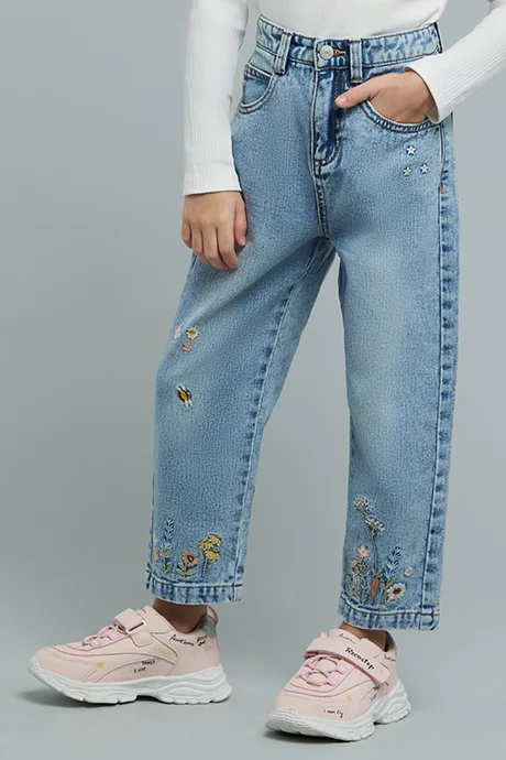 R&B Embroidered Jeans with Button Closure
