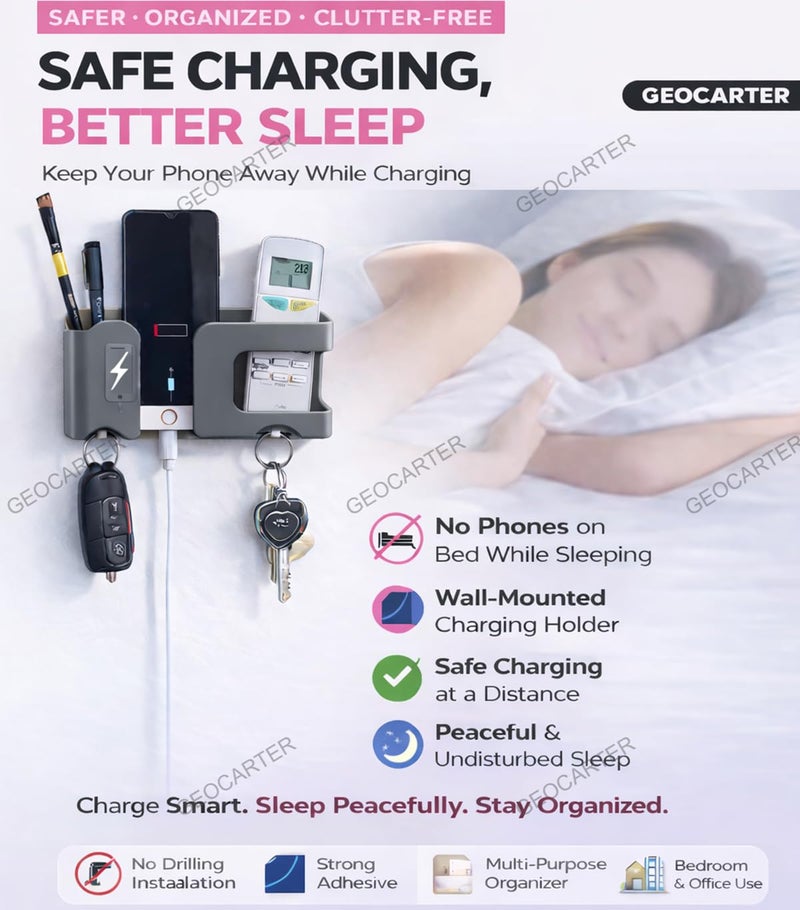GEOCARTER Wall Mobile Holder | Multi-Purpose Mobile Stand | Remote Holder & Mobile Charging Stand, Phone Stand for Charging with Pen and Key Holder Useful Gadget - Grey - Image 4