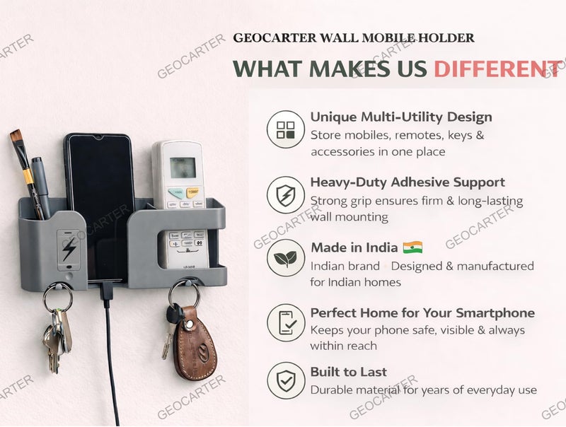 GEOCARTER Wall Mobile Holder | Multi-Purpose Mobile Stand | Remote Holder & Mobile Charging Stand, Phone Stand for Charging with Pen and Key Holder Useful Gadget - Grey - Image 2