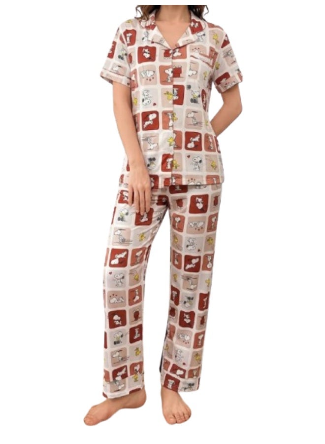 Women's cotton two-piece pajama set (short-sleeved button-up top and long pants) - comfortable casual sleepwear for home - Image 1