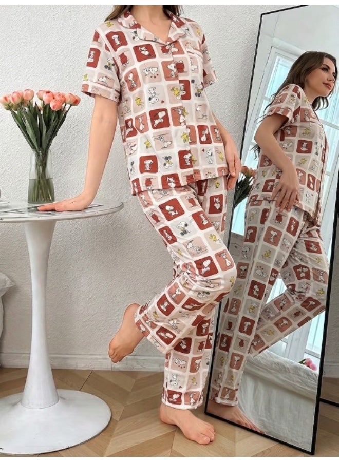 Women's cotton two-piece pajama set (short-sleeved button-up top and long pants) - comfortable casual sleepwear for home - Image 2