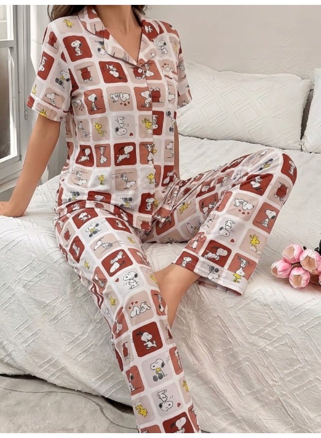 Women's cotton two-piece pajama set (short-sleeved button-up top and long pants) - comfortable casual sleepwear for home - Image 3