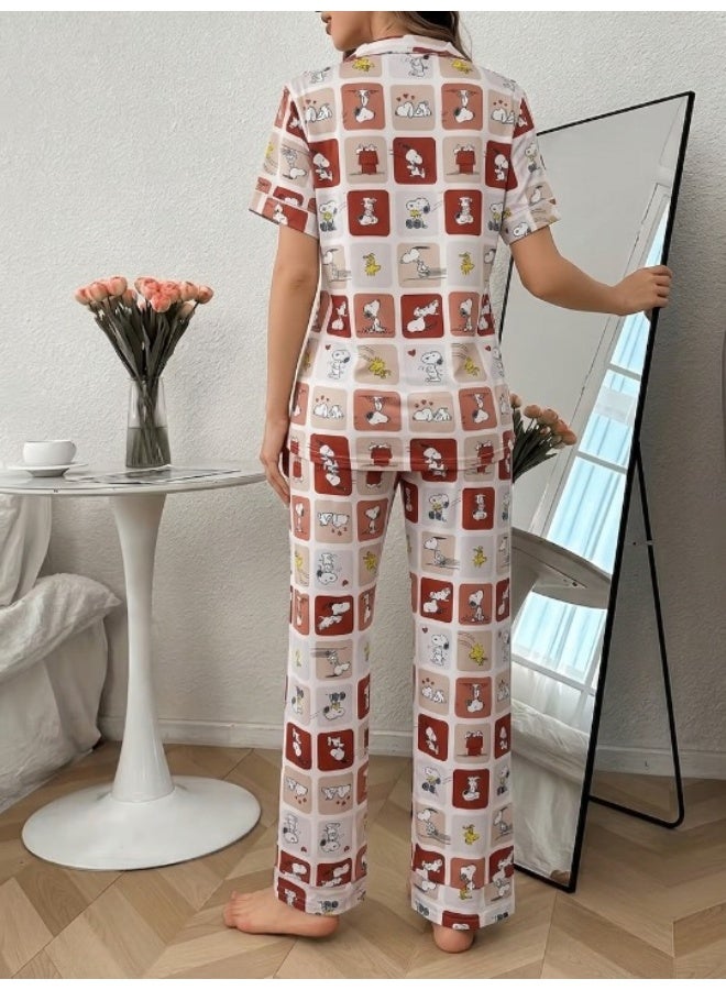 Women's cotton two-piece pajama set (short-sleeved button-up top and long pants) - comfortable casual sleepwear for home - Image 4