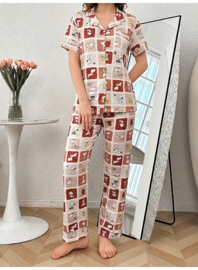 Women's cotton two-piece pajama set (short-sleeved button-up top and long pants) - comfortable casual sleepwear for home - Image 5