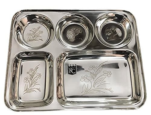 KC Stainless Steel Laser Partition Plate 5 in1 / Bhojan Thali/Dinner Plate Set of 6 - Image 4