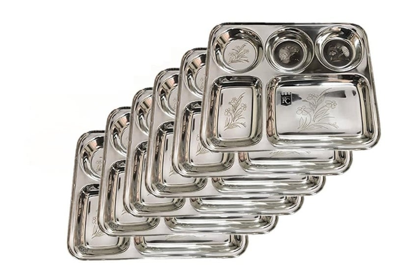 KC Stainless Steel Laser Partition Plate 5 in1 / Bhojan Thali/Dinner Plate Set of 6 - Image 3