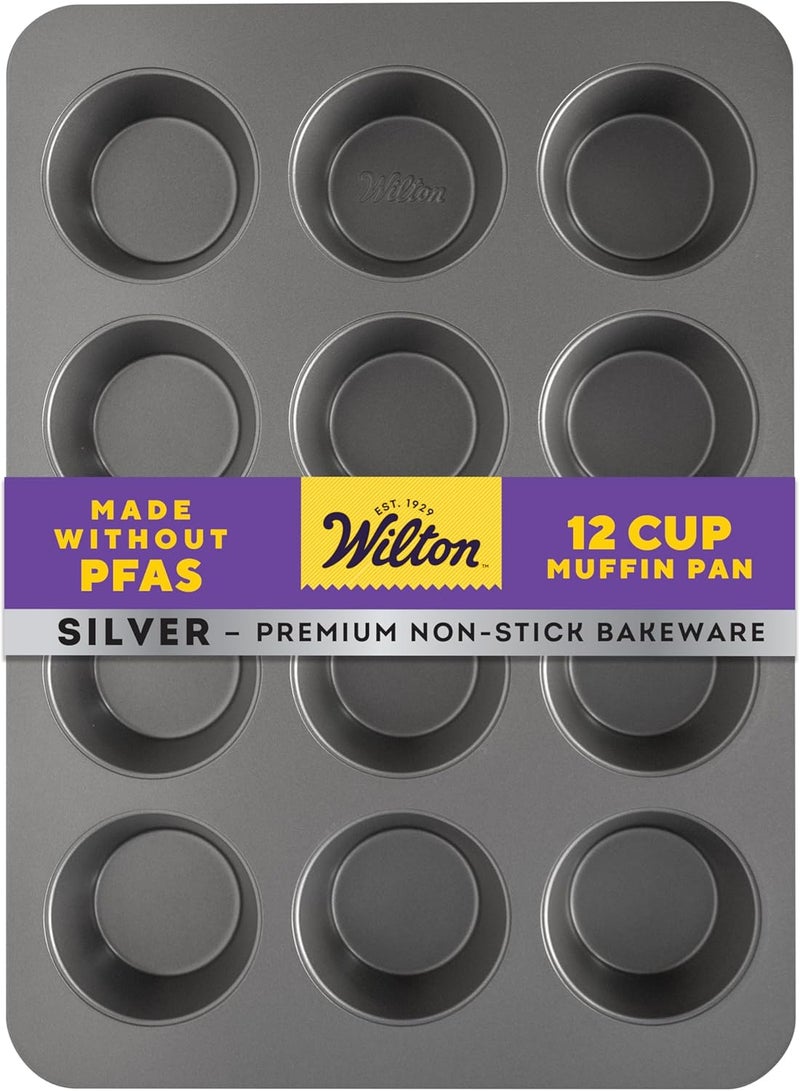 Wilton Silver Non Stick 12 Cup Muffin Pan, Cupcake and Muffin Tin for Baking and Brunch, Made without PFAS, Durable Steel - Image 1