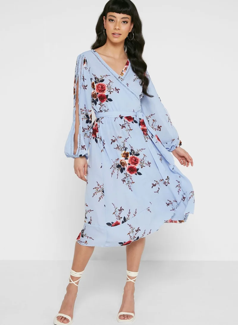 boohoo Floral Print Balloon Sleeve Ruffle Detail Dress