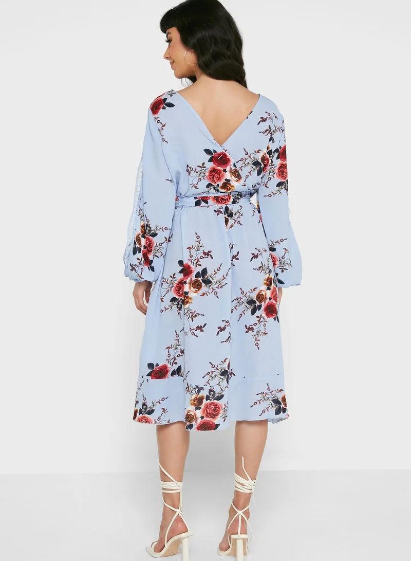 boohoo Floral Print Balloon Sleeve Ruffle Detail Dress