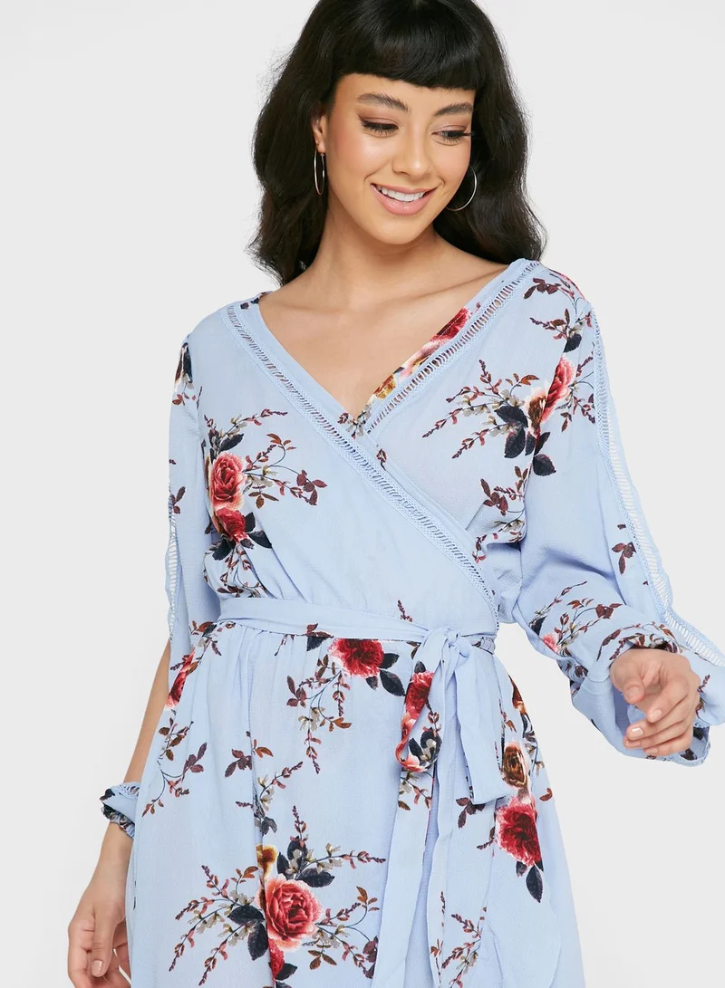 boohoo Floral Print Balloon Sleeve Ruffle Detail Dress