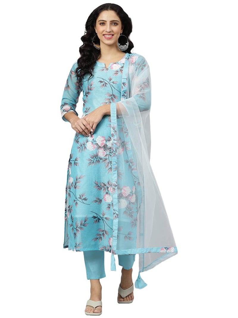 ANNI DESIGNER Women's Cotton Blend Printed Straight Kurta with Pant & Dupatta (Itta STY Blue_XL_Blue_X Large) - Image 1