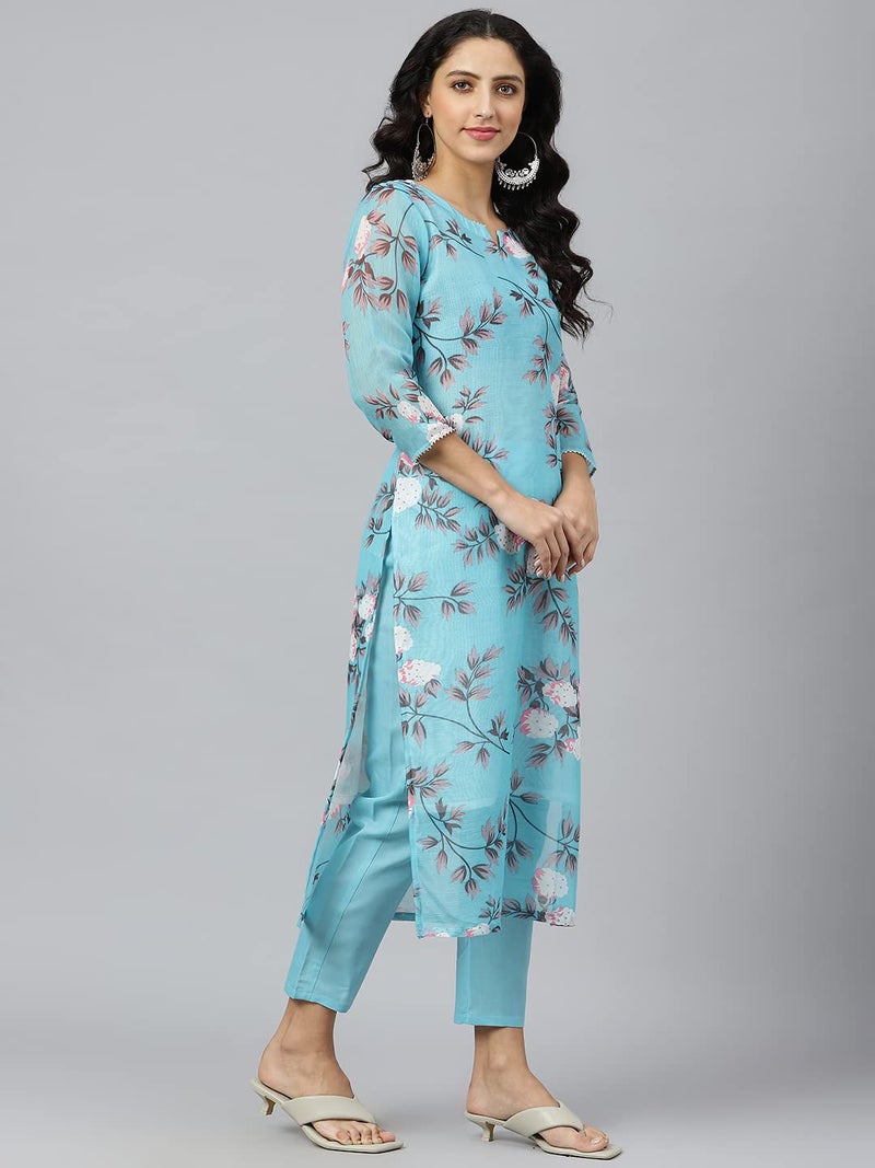 ANNI DESIGNER Women's Cotton Blend Printed Straight Kurta with Pant & Dupatta (Itta STY Blue_XL_Blue_X Large) - Image 4