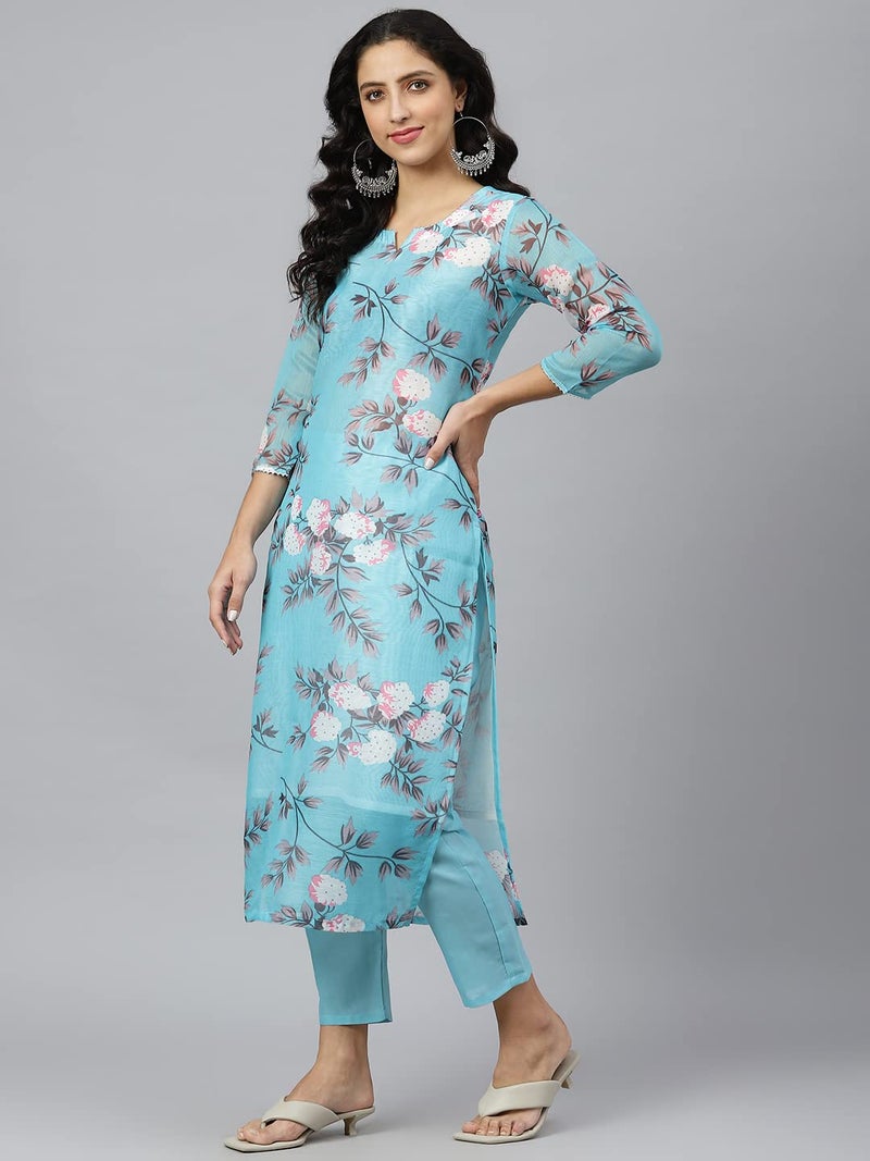 ANNI DESIGNER Women's Cotton Blend Printed Straight Kurta with Pant & Dupatta (Itta STY Blue_XL_Blue_X Large) - Image 3