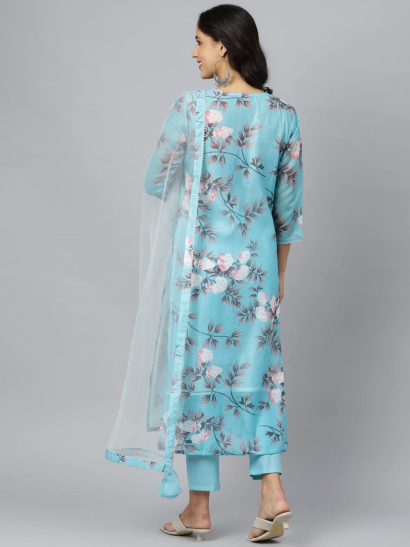 ANNI DESIGNER Women's Cotton Blend Printed Straight Kurta with Pant & Dupatta (Itta STY Blue_XL_Blue_X Large) - Image 2