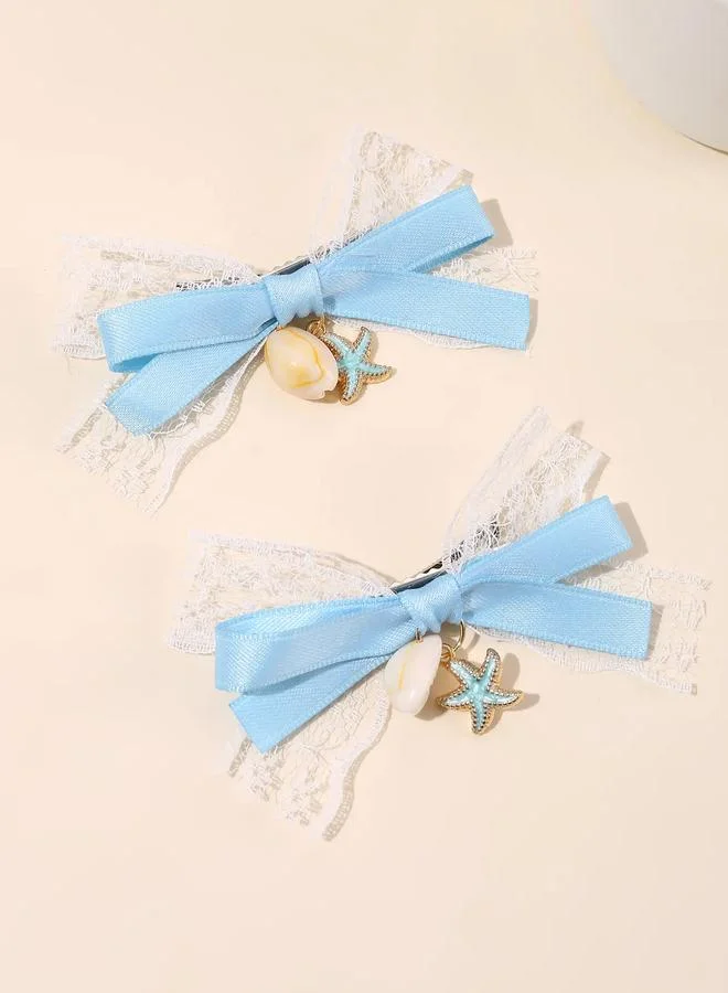 Take Two  Pack of 2 -Girls Blue Seashell Embellished Bow Hair Clips for Women | Best Price UAE
