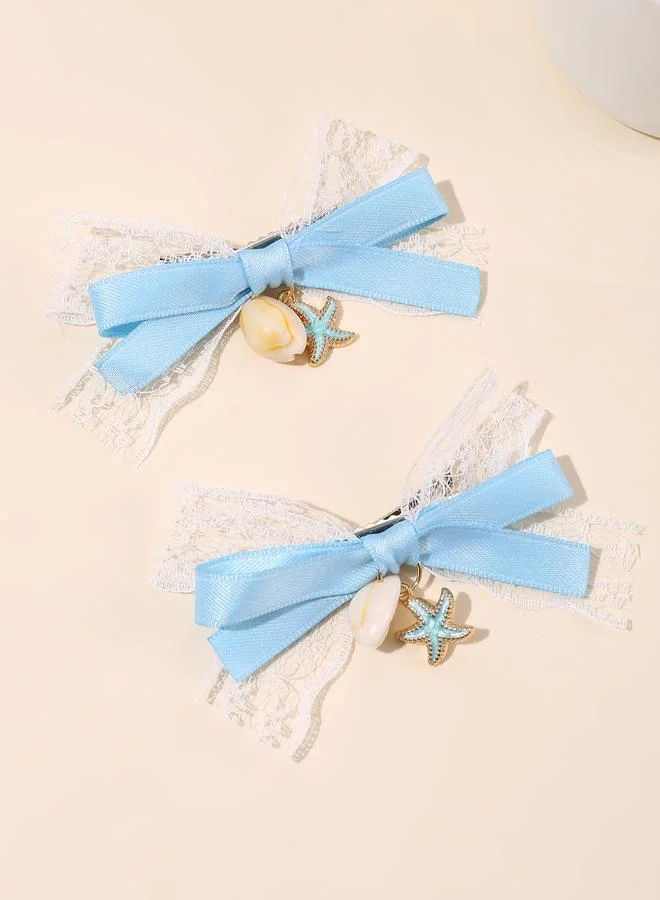 تايك تو Pack of 2 -Girls Blue Seashell Embellished Bow Hair Clips