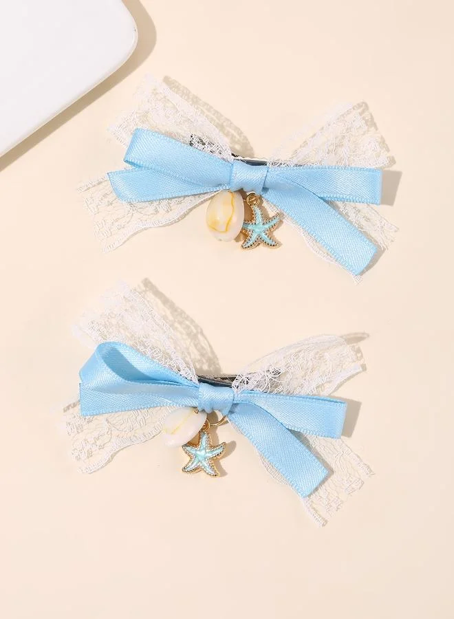 تايك تو Pack of 2 -Girls Blue Seashell Embellished Bow Hair Clips