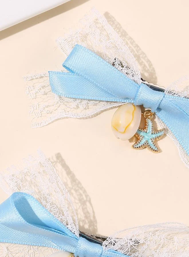 Take Two  Pack of 2 -Girls Blue Seashell Embellished Bow Hair Clips for Women | Best Price UAE