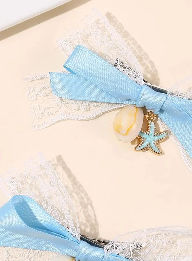 Take Two  Pack of 2 -Girls Blue Seashell Embellished Bow Hair Clips for Women | Best Price UAE