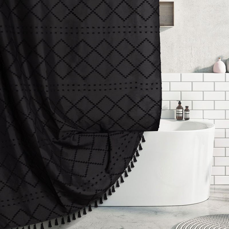 Siiluminisoy Black Shower Curtain with Tassels Boho Cloth Shower Curtain Black 72 x 72 Tufted Chevron Striped Chenille Woven Modern Farmhouse Minimalist Shabby Chic Bathroom Decor
