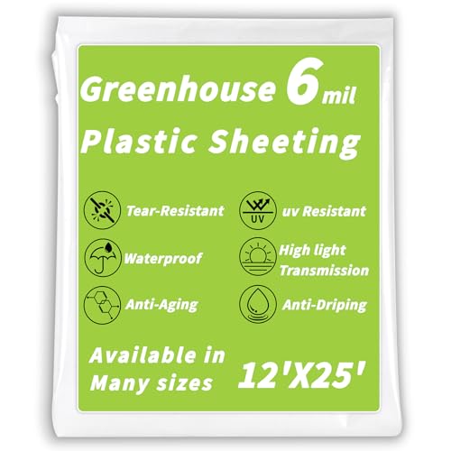 UZLU Greenhouse Plastic Sheeting 6 Mil,12 x 25 FT Transparent UV Resistant Polyethylene Film, Tear-Resistant Green House Hoop Cover for Gardening, Farming, Nursery, Henhouse, Anti-Drip & Weatherproof - Image 1