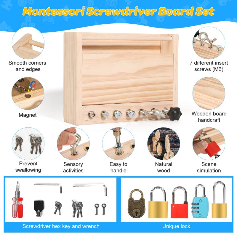 INIFEIDALA Montessori Screwdriver Board Set - Lock and Key Toy,Busy Board Toys for 3 4 5 Year Old,Kids Tool Set, Preschool Learning Sensory Fine Motor Skills STEM Toys - Image 3