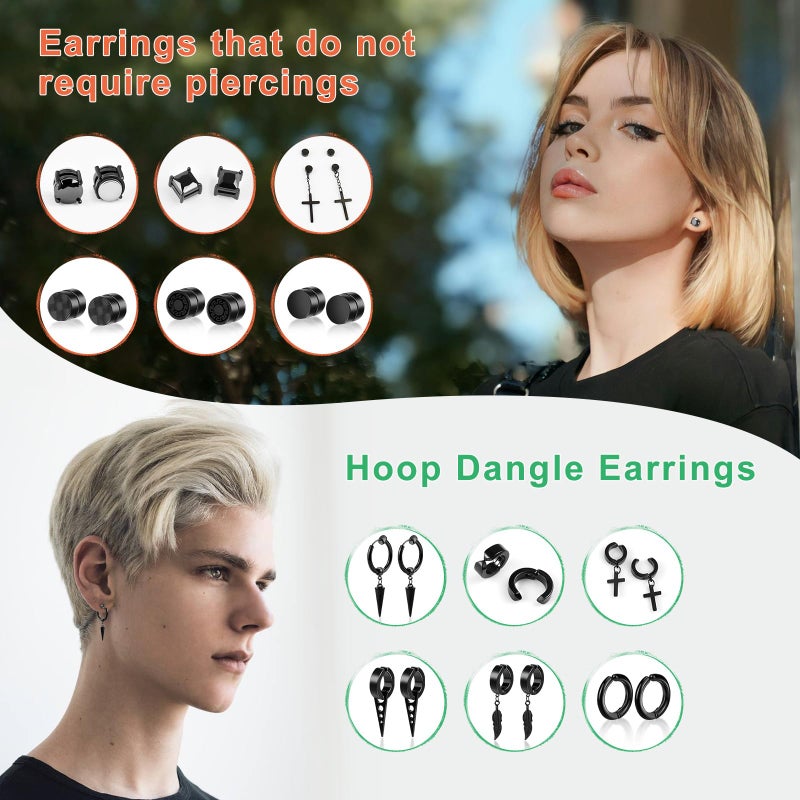 ONESING 12 Pairs Black Magnetic Earrings for Men Clip On Earrings for Men Fake Earrings Mens Earrings Hoop Dangle Earrings Black Earrings for Men Women Fake Piercing Non-Piercing Earrings Set - Image 3