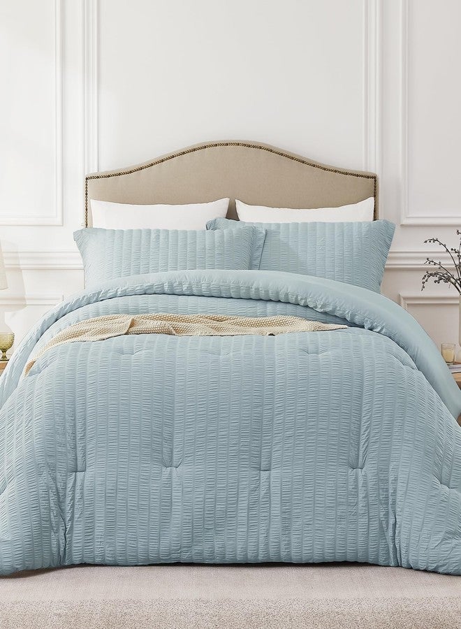 Quataly King Comforter Set Mist Blue,3PCS Seersucker Lightweight Bedding Comforter for All Season, King Size(104''×90'' Comforter & 2 Pillowcases) - Image 1