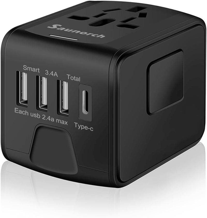SAUNORCH محول طاقة السفر الدولي العالمي مع شحن سريع 2.4A USB، شاحن حائط Type-C 3.0A، محول أوروبي، محولات مآخذ كهربائية عالمية لأوروبا، المملكة المتحدة، الولايات المتحدة، أستراليا، آسيا - أسود - Image 1