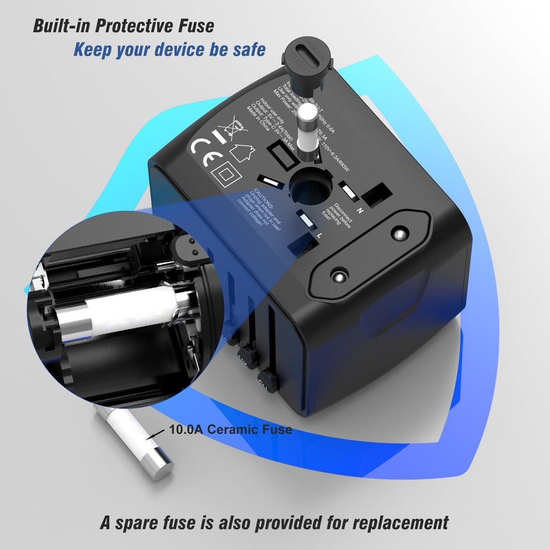 SAUNORCH محول طاقة السفر الدولي العالمي مع شحن سريع 2.4A USB، شاحن حائط Type-C 3.0A، محول أوروبي، محولات مآخذ كهربائية عالمية لأوروبا، المملكة المتحدة، الولايات المتحدة، أستراليا، آسيا - أسود - Image 4