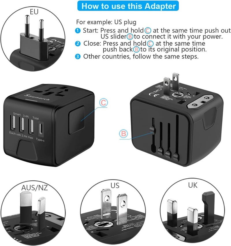 SAUNORCH محول طاقة السفر الدولي العالمي مع شحن سريع 2.4A USB، شاحن حائط Type-C 3.0A، محول أوروبي، محولات مآخذ كهربائية عالمية لأوروبا، المملكة المتحدة، الولايات المتحدة، أستراليا، آسيا - أسود - Image 5