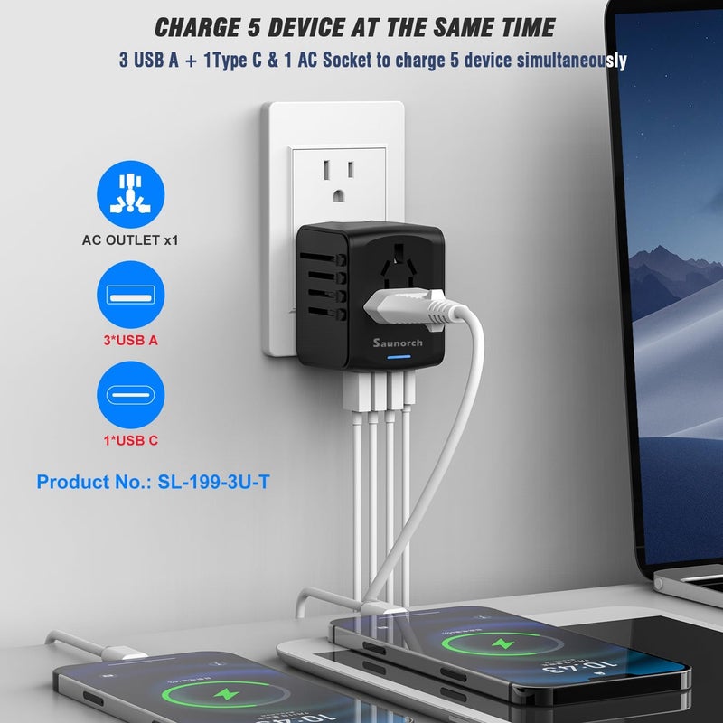 SAUNORCH محول طاقة السفر الدولي العالمي مع شحن سريع 2.4A USB، شاحن حائط Type-C 3.0A، محول أوروبي، محولات مآخذ كهربائية عالمية لأوروبا، المملكة المتحدة، الولايات المتحدة، أستراليا، آسيا - أسود - Image 2