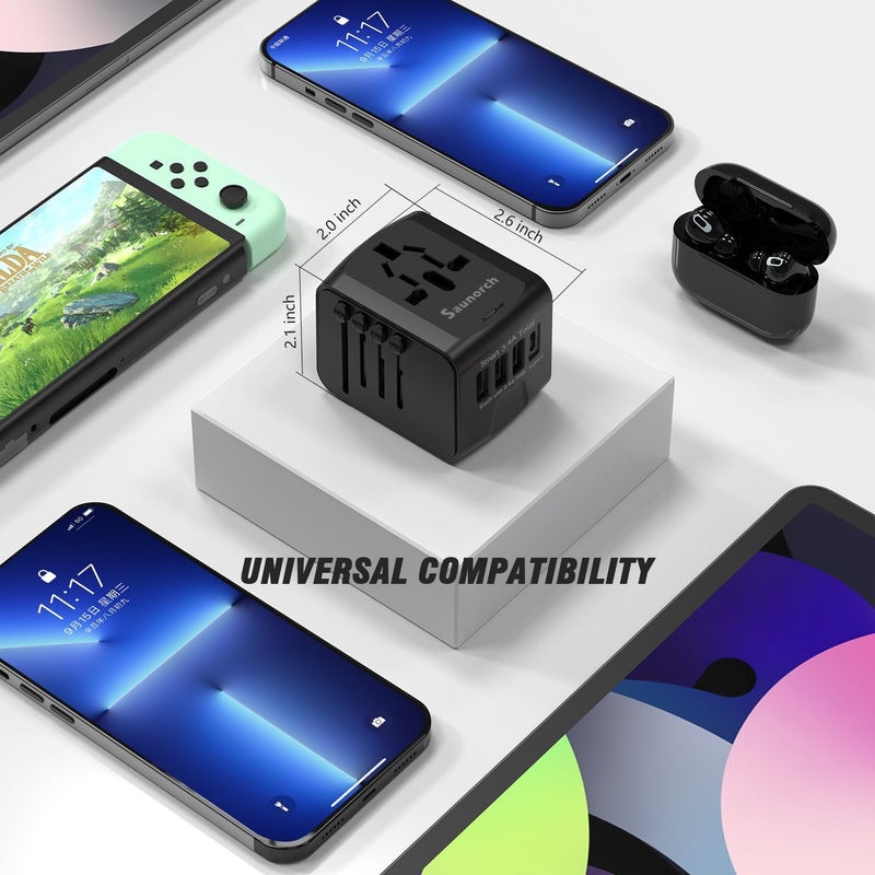 SAUNORCH محول طاقة السفر الدولي العالمي مع شحن سريع 2.4A USB، شاحن حائط Type-C 3.0A، محول أوروبي، محولات مآخذ كهربائية عالمية لأوروبا، المملكة المتحدة، الولايات المتحدة، أستراليا، آسيا - أسود - Image 3