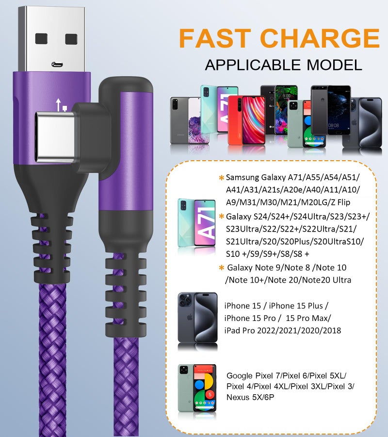 sweguard USB Type C Charger Cable Right Angle [2-Pack,10FT] 3.1A Nylon Braided Cord for iPhone 17 16 15 Pro Max Plus iPhone Air Samsung Galaxy S25 S24 S23 S22 S21 S20 Note 20 A15 Flip Pixel LG Moto - Image 3