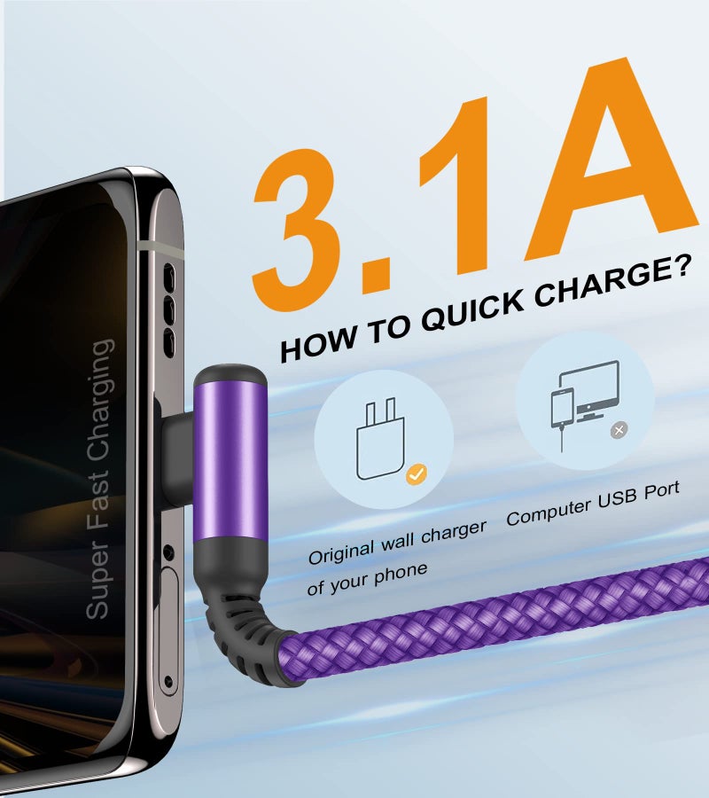 sweguard USB Type C Charger Cable Right Angle [2-Pack,10FT] 3.1A Nylon Braided Cord for iPhone 17 16 15 Pro Max Plus iPhone Air Samsung Galaxy S25 S24 S23 S22 S21 S20 Note 20 A15 Flip Pixel LG Moto - Image 2