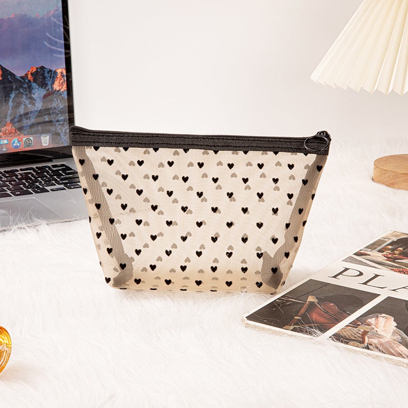 Ins-Style Maillard Color Series Flocked Mesh Cosmetic Clutch Storage Bag For Girls, Foldable Toiletry Bag In Ins Style - Image 5