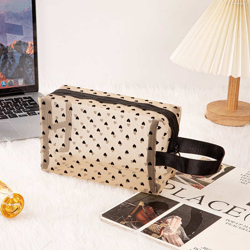 Ins-Style Maillard Color Series Flocked Mesh Cosmetic Clutch Storage Bag For Girls, Foldable Toiletry Bag In Ins Style - Image 4