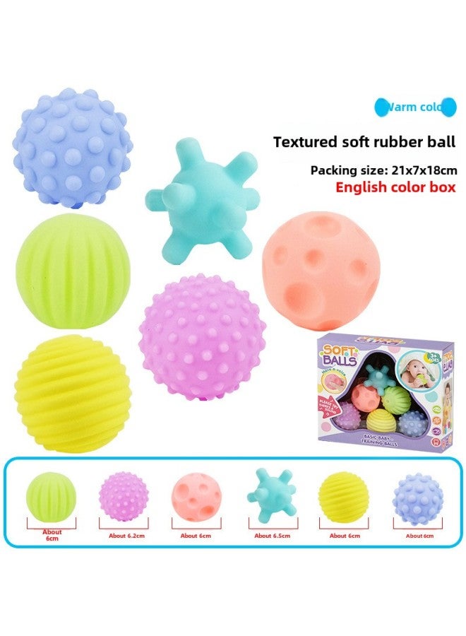 Infants Can Bite Soft Rubber Hand-held Ball Rattle Toys To Learn The Rainbow Plug Plug Plug Pull Pull Pull Baby Toys-Color:[warm Color Model] Textured Soft Rubber Ball-english Color Box (set Of 6) 305g - Image 1