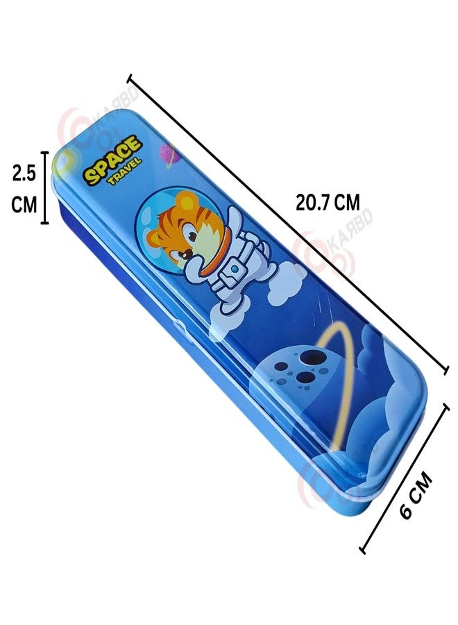 KARBD Cartoon Metal Pencil Box Hardtop Case 2 Layer Compartment for Boys Girls Kids School Students Travel Stationery Compass Geometry Box for Return Gifts (Space Travel Blue, Medium) - Image 3