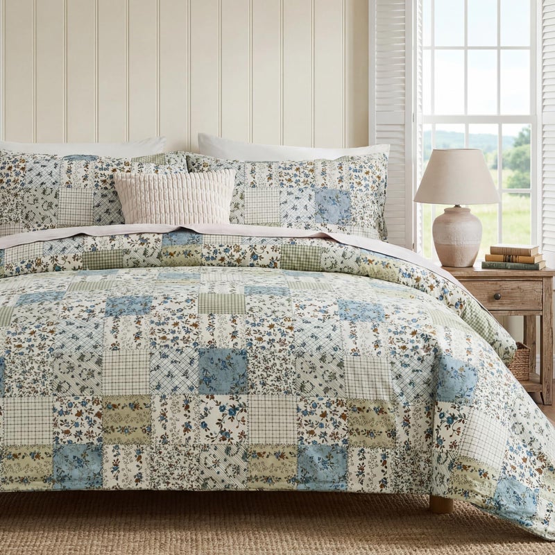 Cozaline Blue Floral Duvet Cover Set Queen Size 100 Cotton Botanical Patchwork Vintage Bedding Quilt Cover All Season 3 Pieces Soft Lightweight Comforter Cover - Image 2