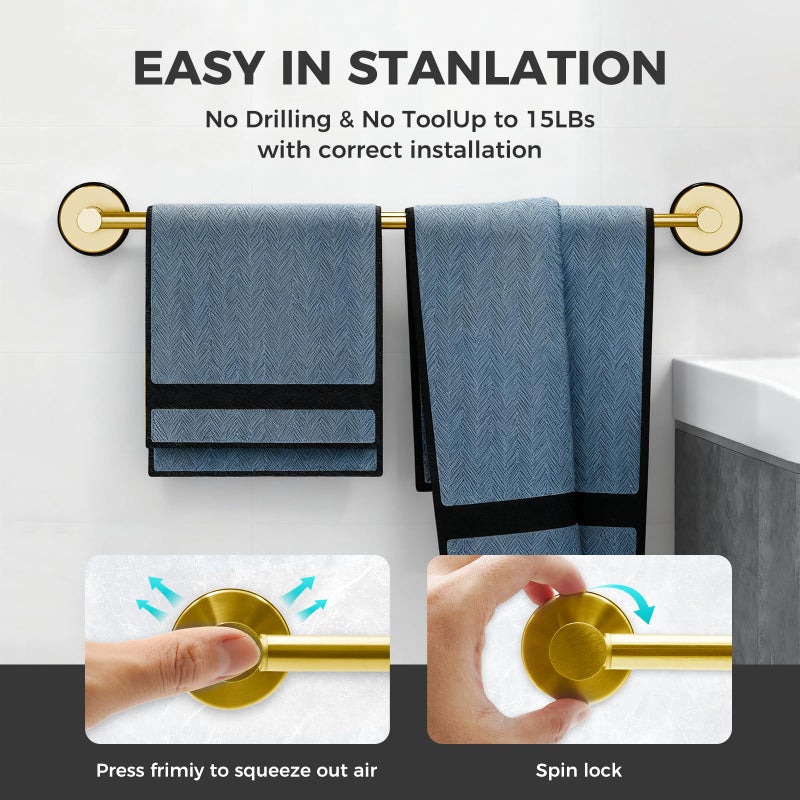 WingWider Adjustable Suction Cup Towel Bar for Bathroom Wall,14.6Inch~24 Inch Towel Racks for Bathroom,Stainless Steel Bath Towel Holder for Shower(Brushed Gold) - Image 3