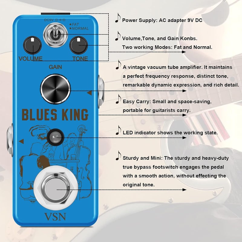 VSN Bluesy Overdrive Guitar Pedal,Blues Driver Distortion Vintage Overdrive Effect Warm/Hot 2 Modes for Mini Size True Bypass - Image 3