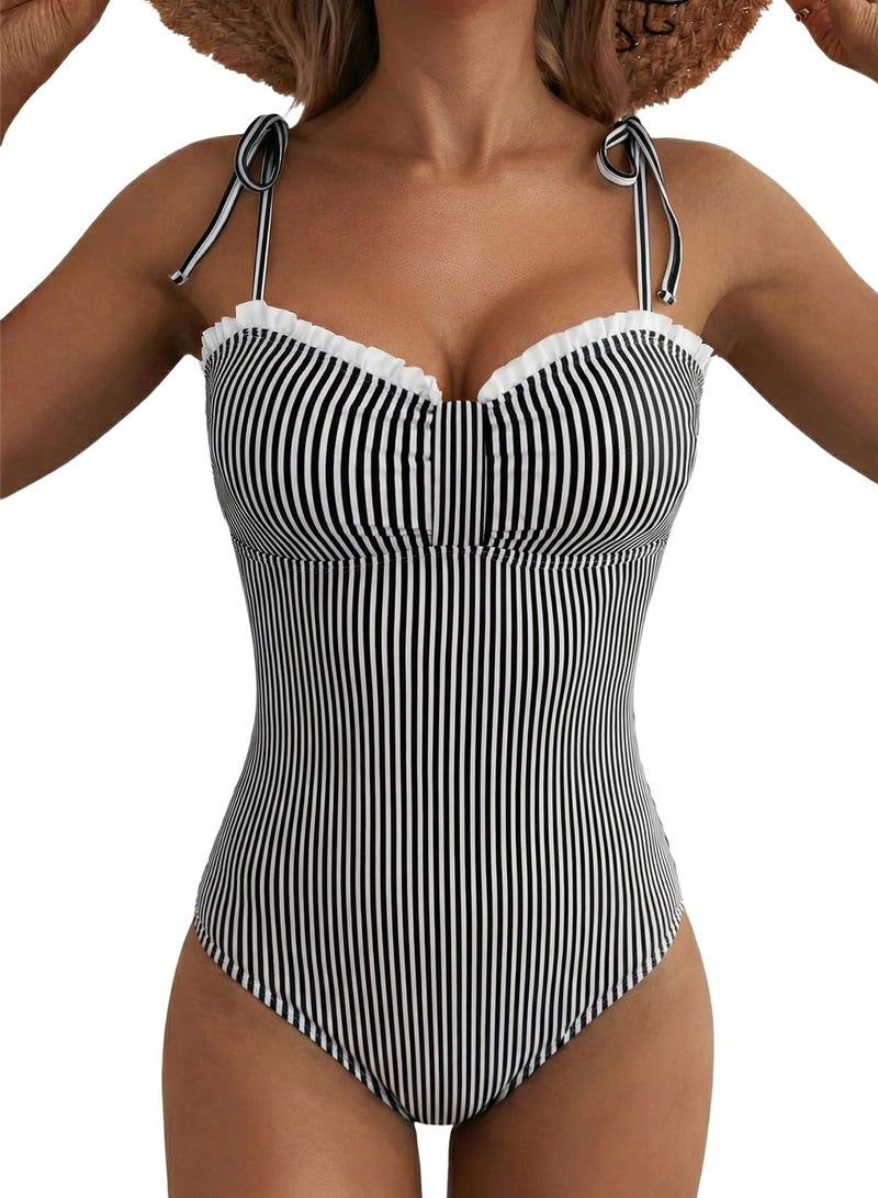 Herseas Womens Tummy Control One Piece Bathing Suits High Cut Striped Bathing Suit Tie Shoulder Swim Suits Classic 2026 Summer Cruise Vacation Outfits Beachwear Black Stripe Medium - Image 1